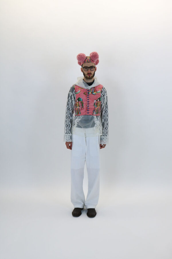 Cropped Lace-Back Waistcoat in Pink Babushka Print Upholstery