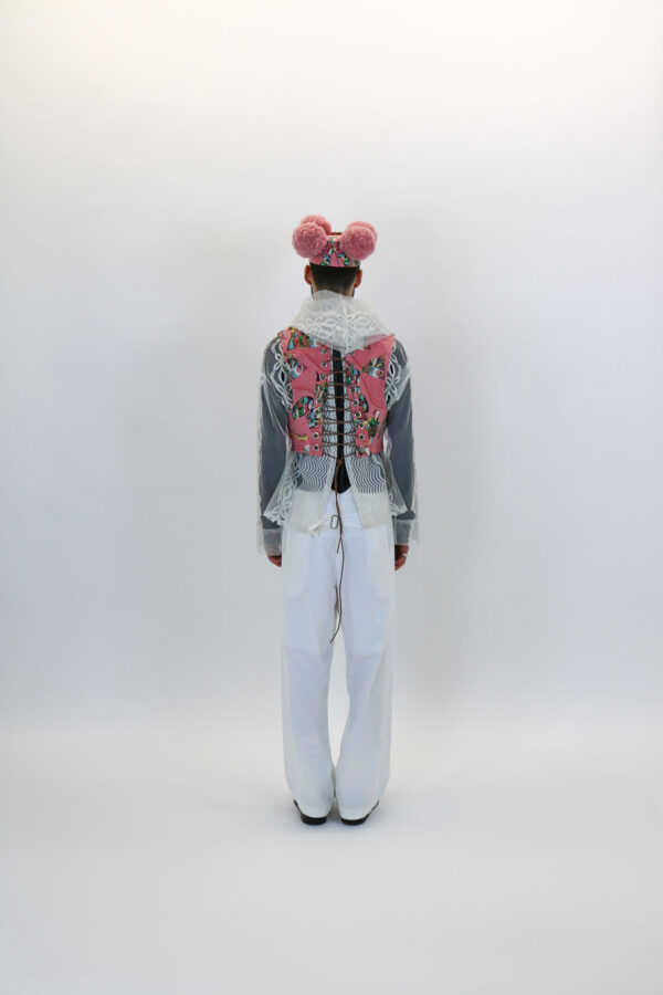 Cropped Lace-Back Waistcoat in Pink Babushka Print Upholstery - Image 7