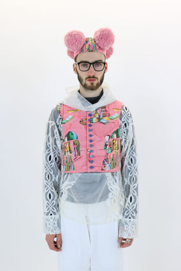 Cropped Lace-Back Waistcoat in Pink Babushka Print Upholstery - Image 6