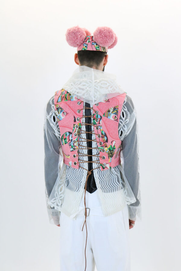 Cropped Lace-Back Waistcoat in Pink Babushka Print Upholstery - Image 5