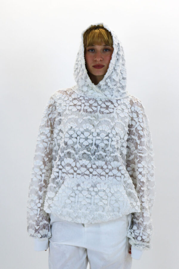 Lace Hoodie With Wool Appliqué